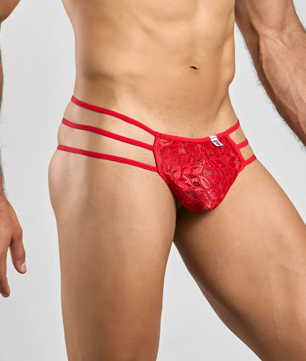 Red lace MOB men’s pouch thong featuring three horizontal straps and a lace material design