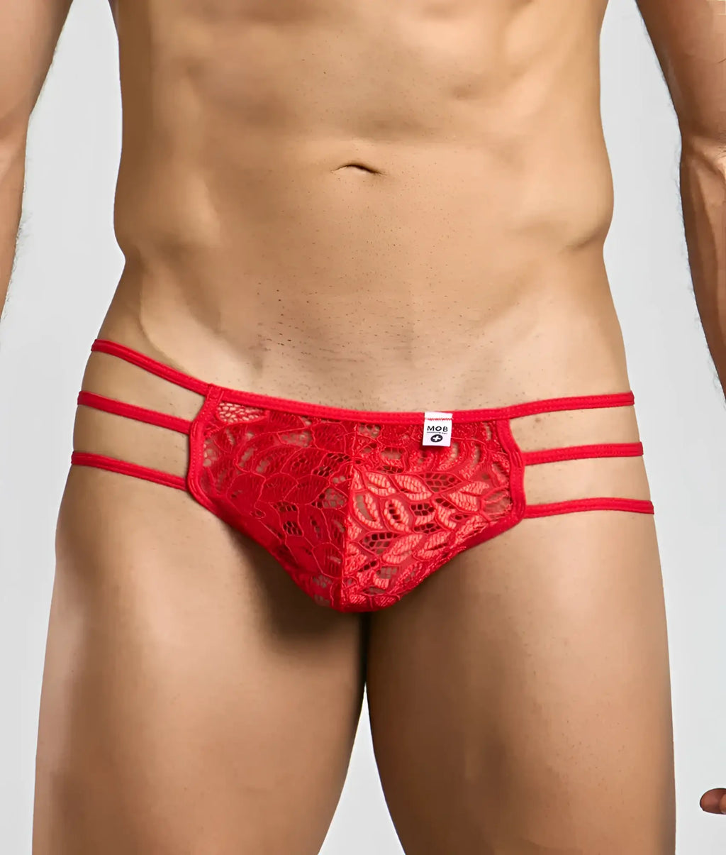 Red lace thong from MOB men’s lace pouch thong with three horizontal straps and a floral pattern