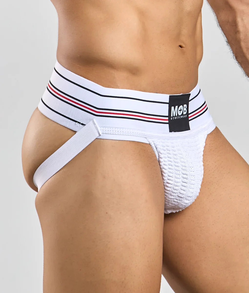White textured athletic briefs with a black and red striped waistband branded mob in men 3 inch wide classic jockstrap