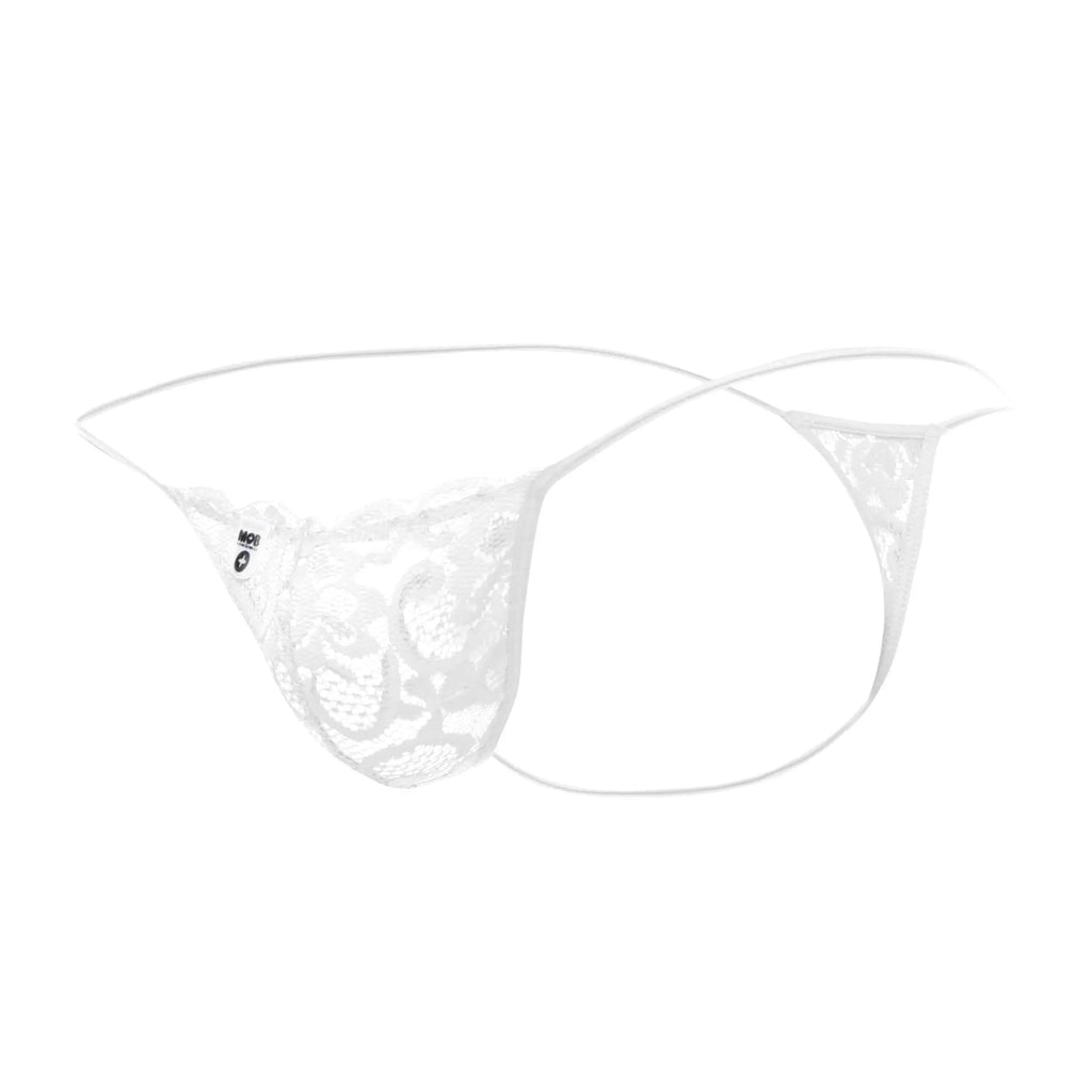 White lace thong with delicate floral pattern and thin elastic straps from MOB mens lace thong collection