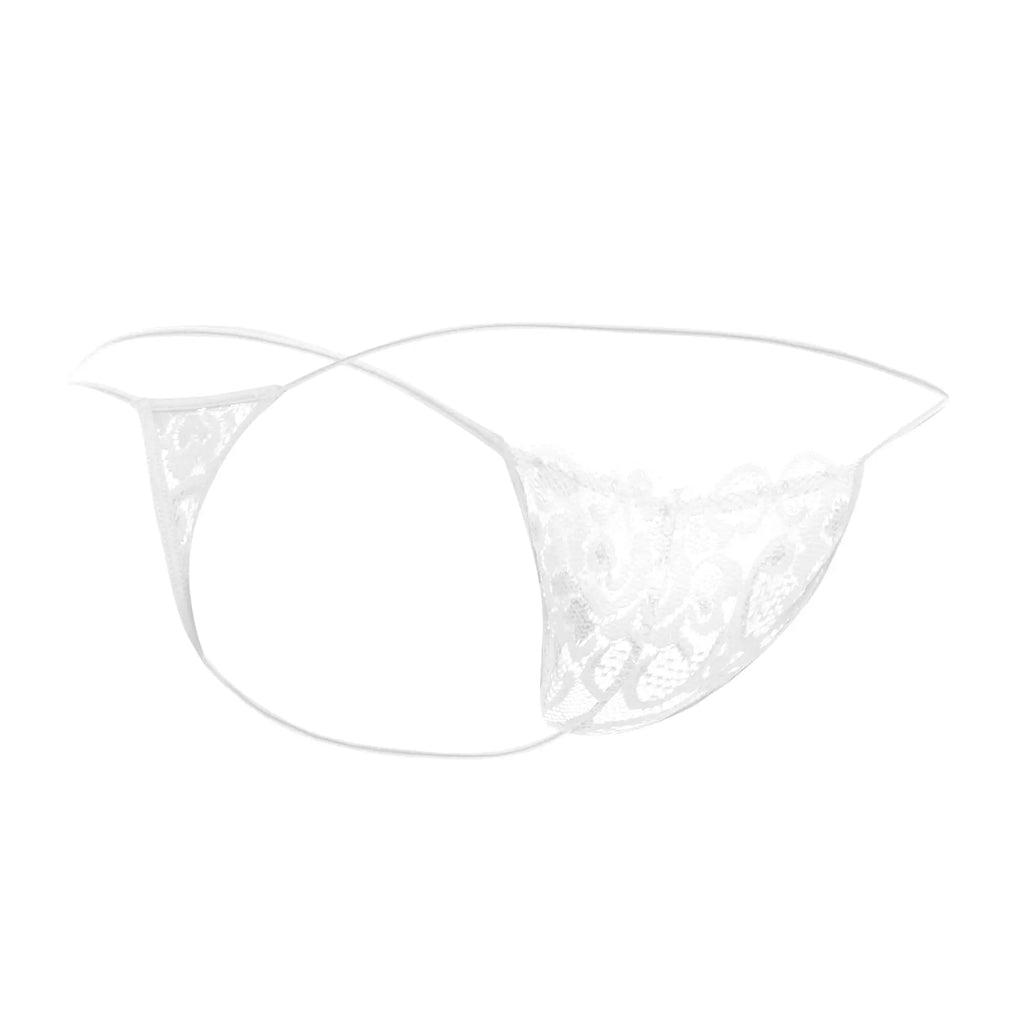 White lace thong from MOB men’s lace thong collection featuring delicate floral patterns and thin elastic straps