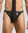 Mob tuxedo lace thong black lace thong with red buttons down the center front for stylish lingerie wear