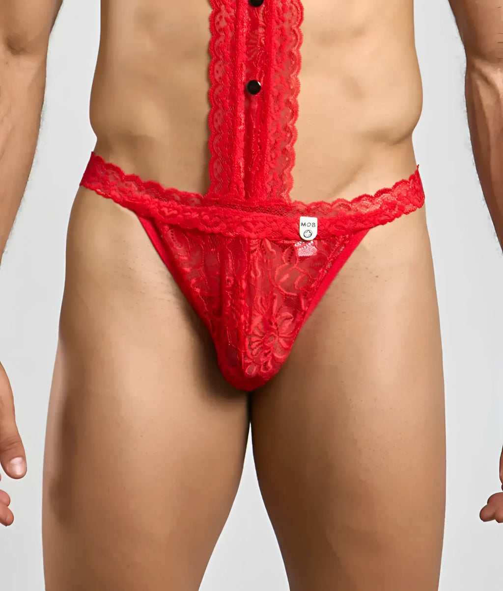 Mob tuxedo lace thong in red lace with floral pattern and black buttons down the front