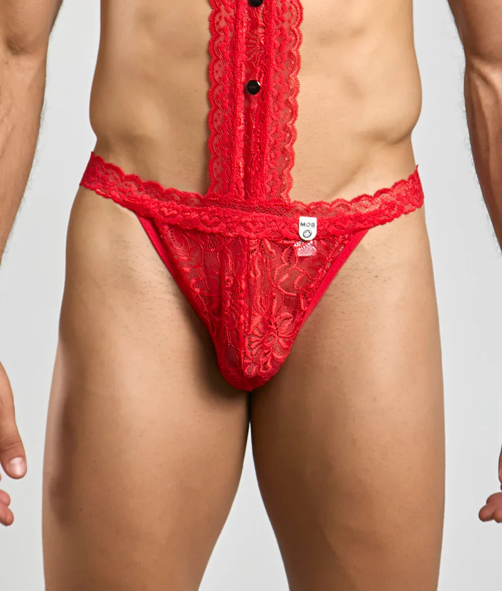 Mob tuxedo lace thong in red lace with floral pattern and black buttons down the front