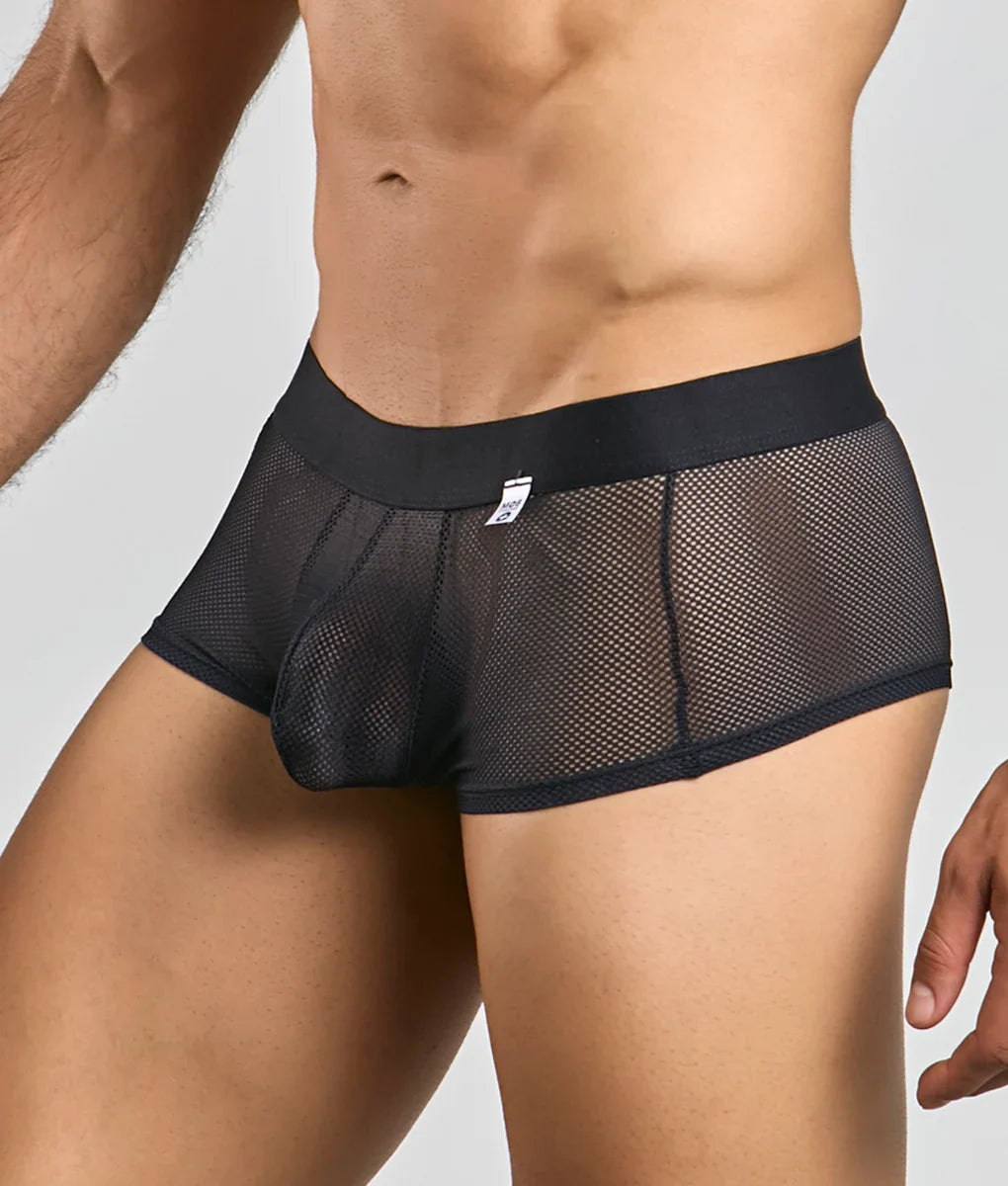 Black mesh mob fishnet boxer briefs with solid black waistband and small white tag front view