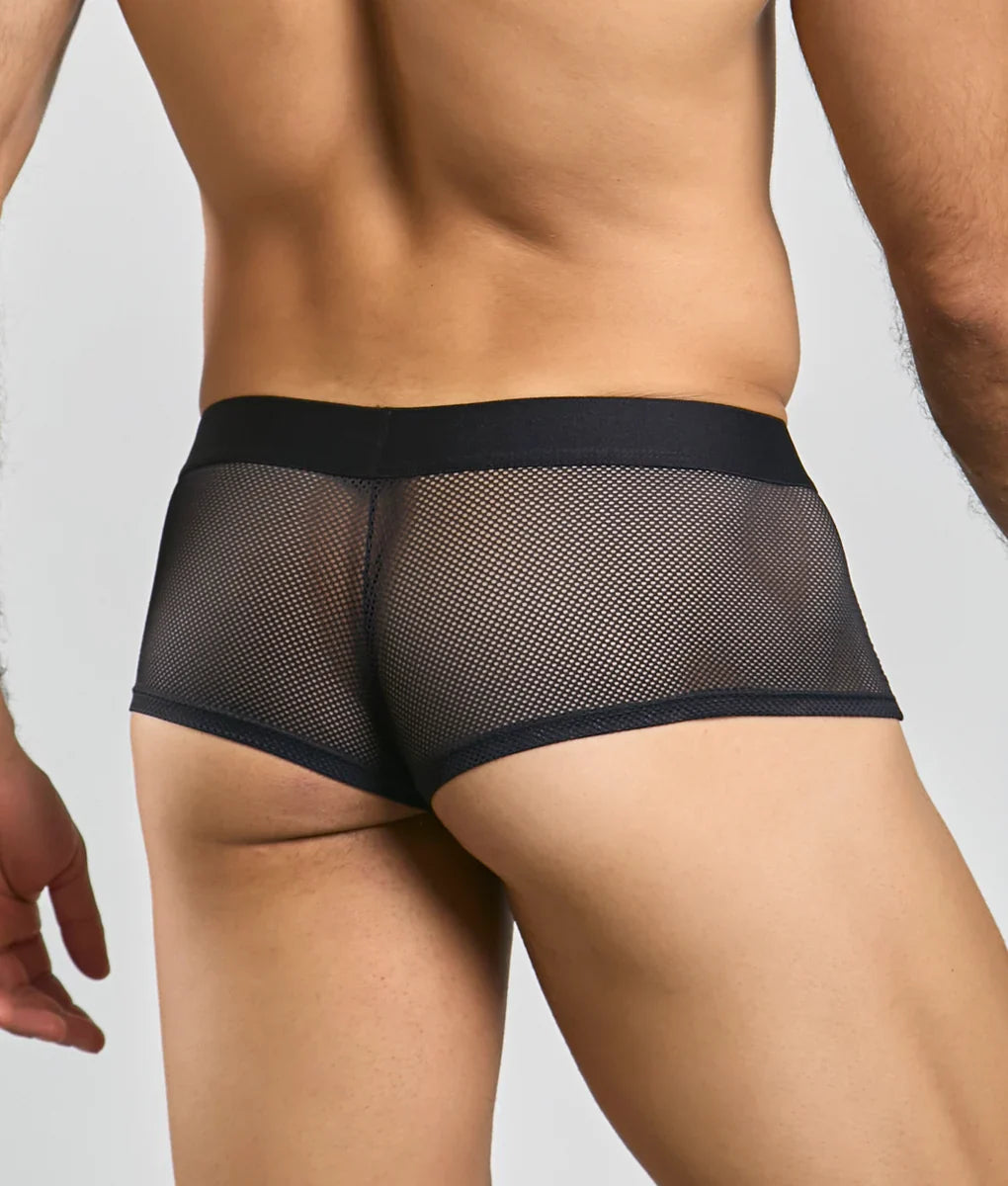 Black mesh briefs with solid black waistband featuring fishnet design for breathable comfort by MOB fishnet boxer
