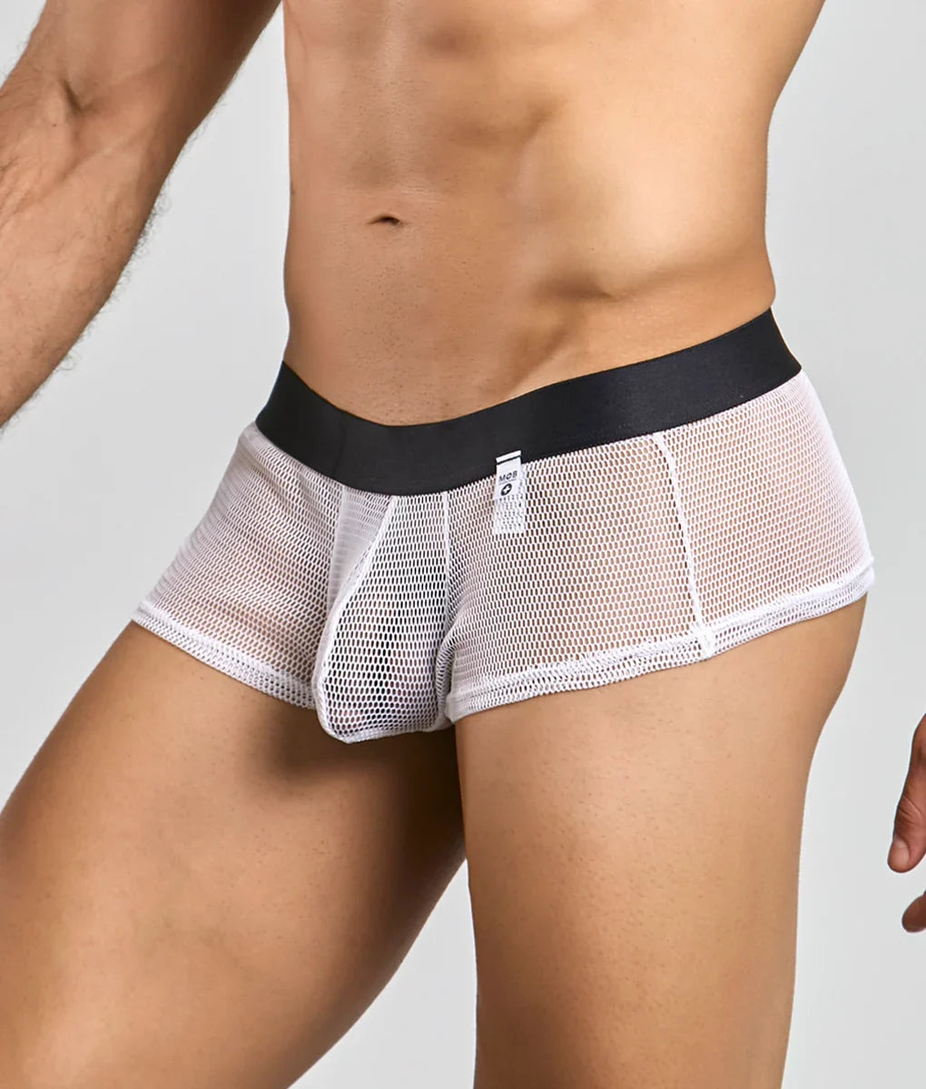 White mesh mob fishnet boxer briefs with black elastic waistband and small white tag front view