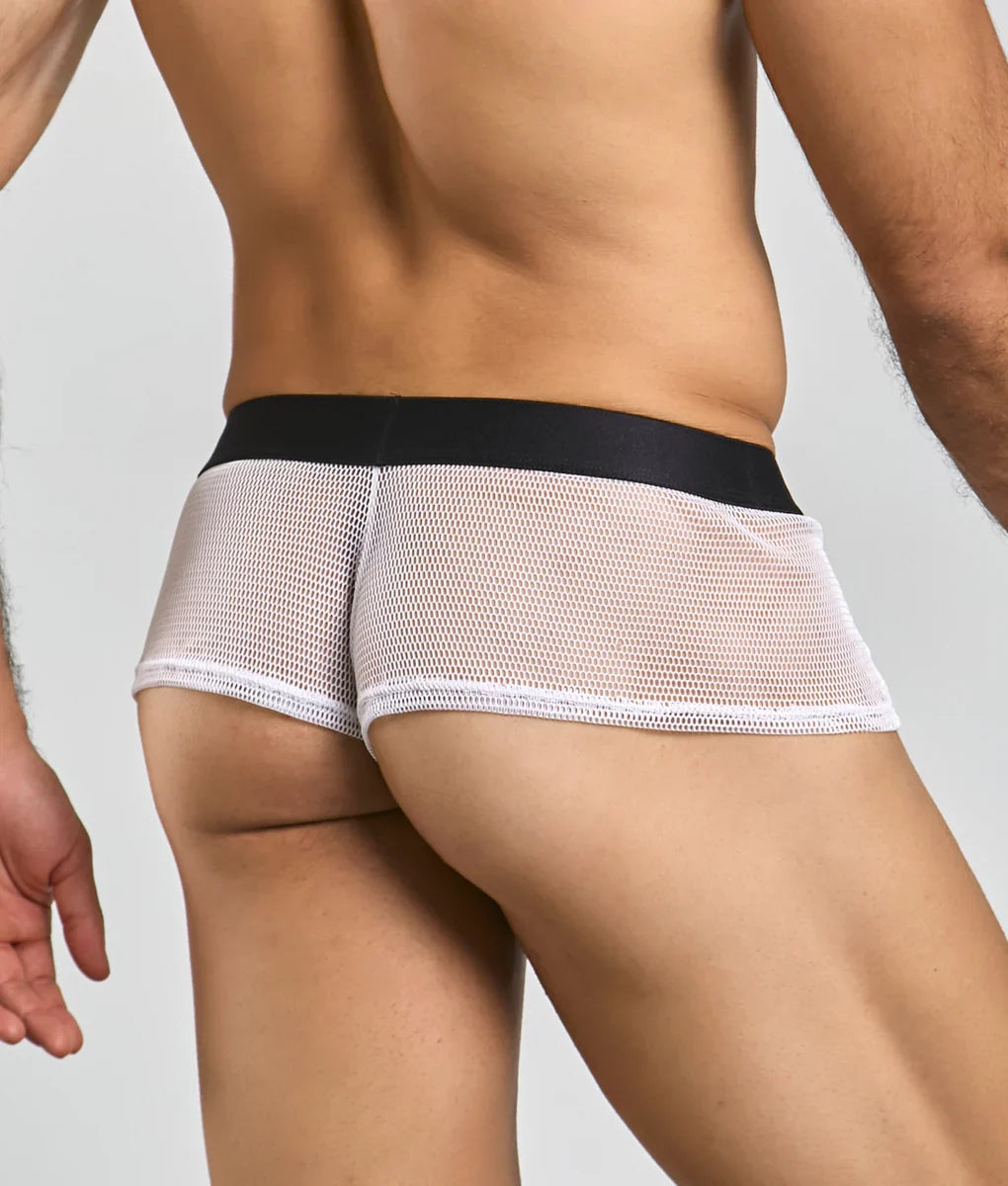 White mesh briefs with black waistband featuring fishnet material in mob fishnet boxer style front view