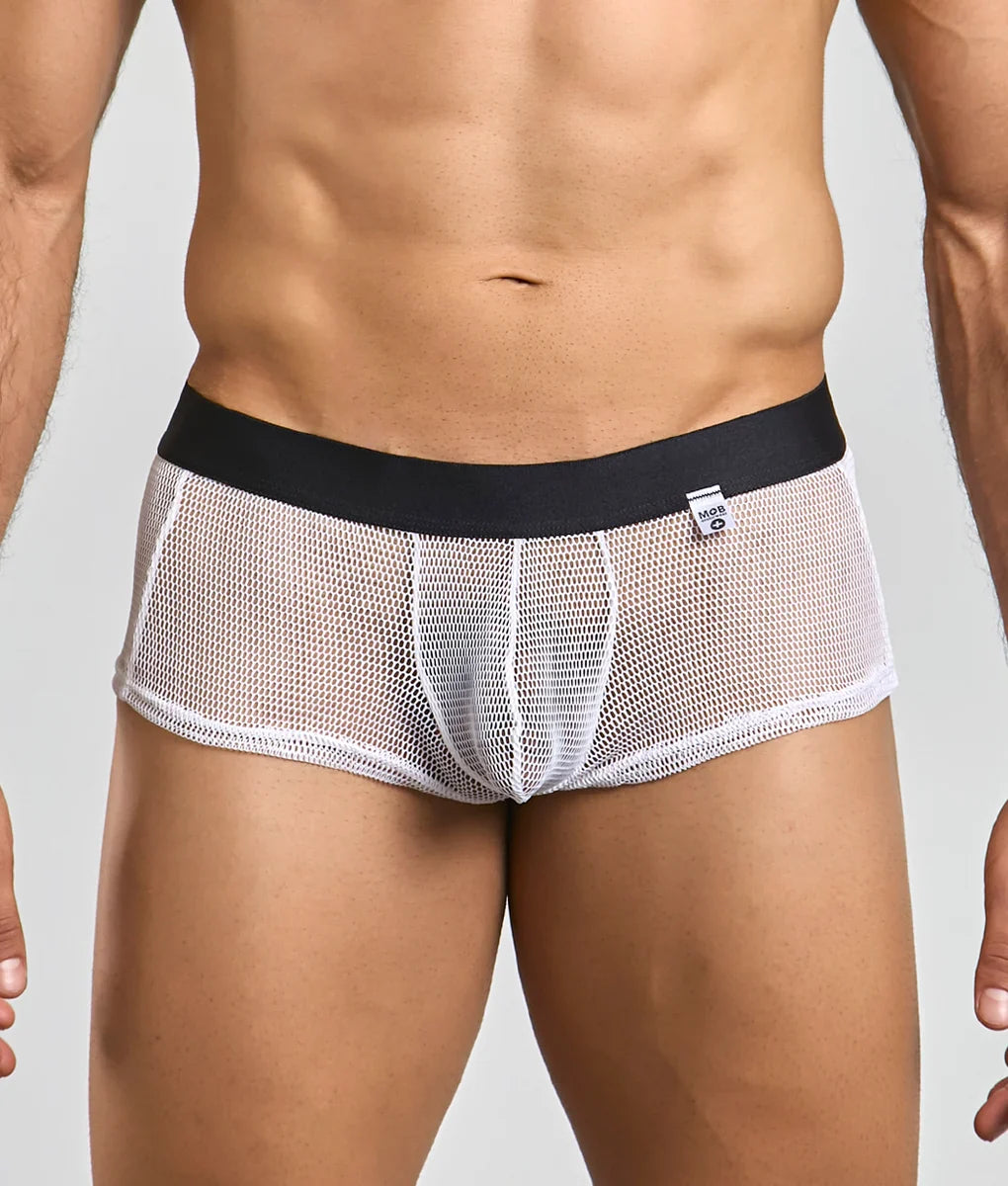 White mesh mob fishnet boxer briefs with black waistband showcasing breathable fishnet fabric design