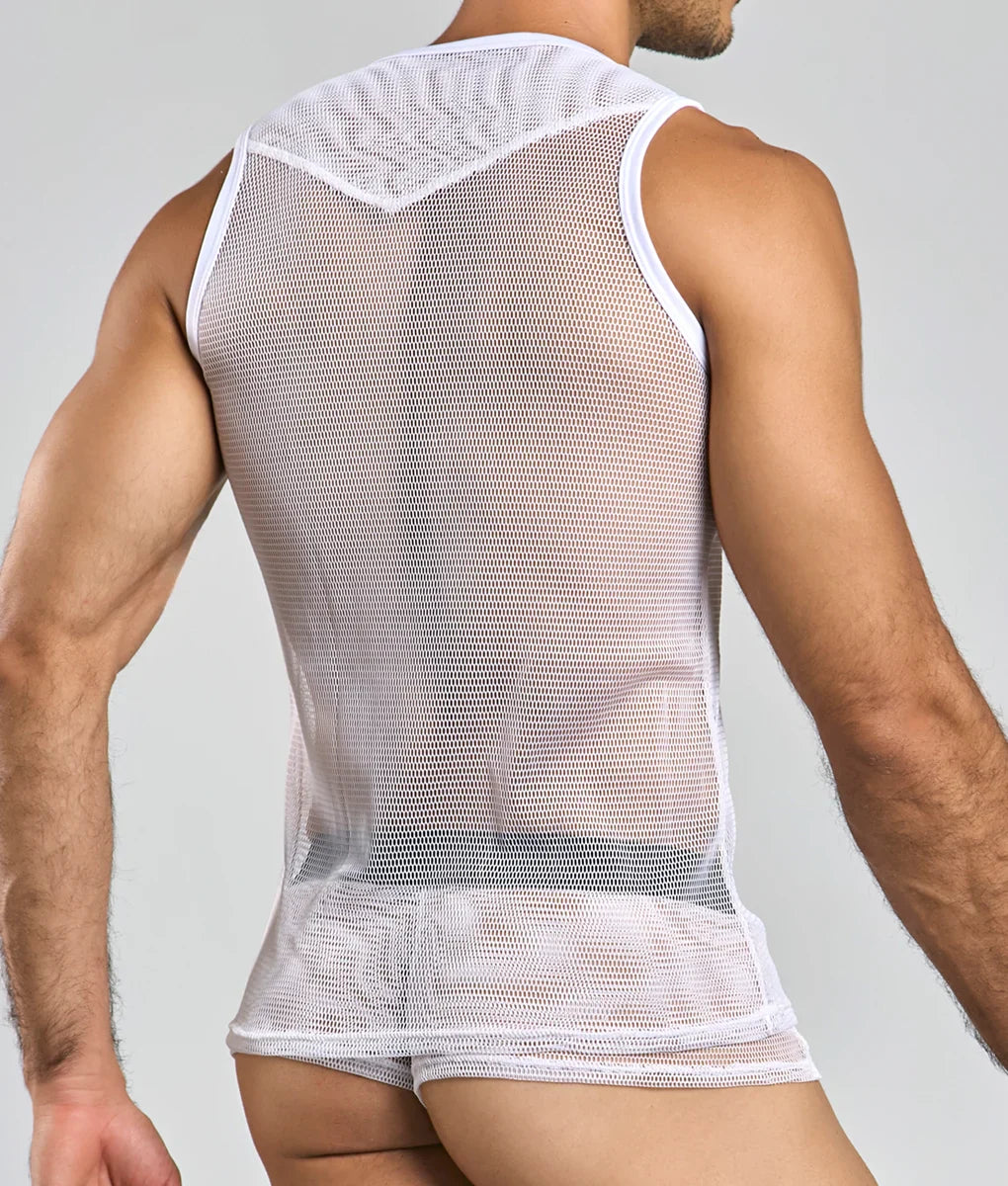 White mesh MOB fishnet tanktop with v-neckline and reinforced white trim along the edges