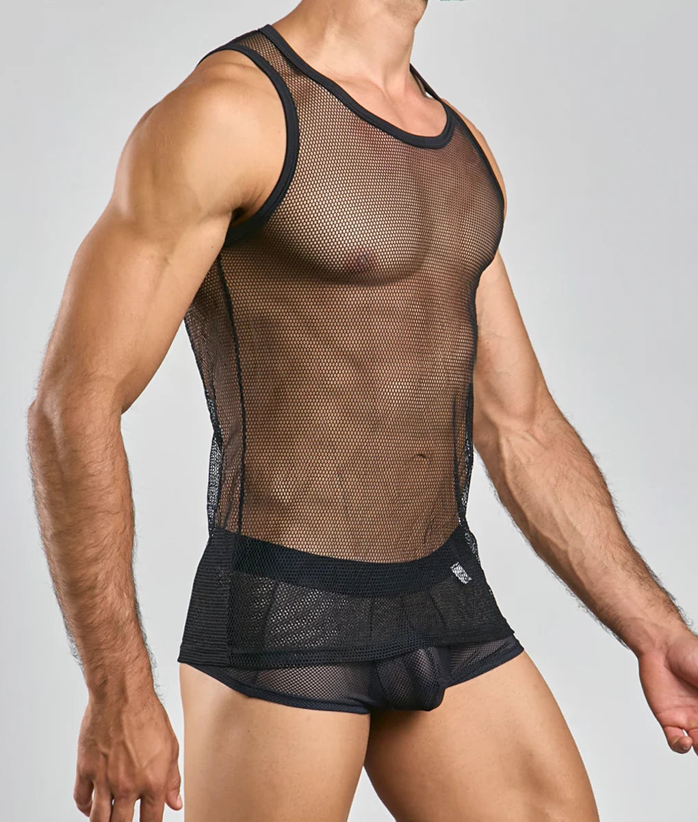Black fishnet mesh tank top with black trim paired with matching briefs in a mob fishnet tanktop set