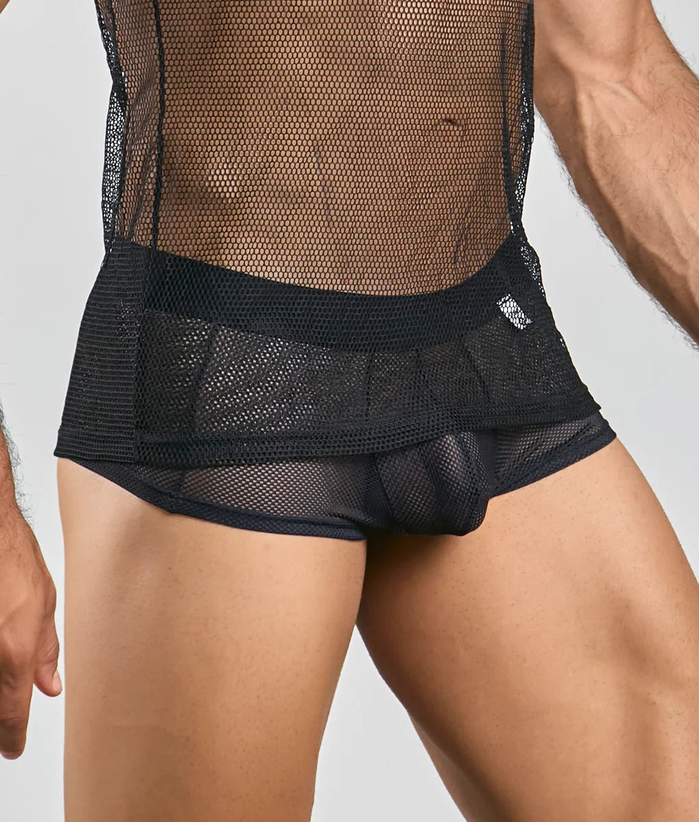 Black mesh briefs with solid black waistband and subtle ruching detail complementing mob fishnet tanktop design