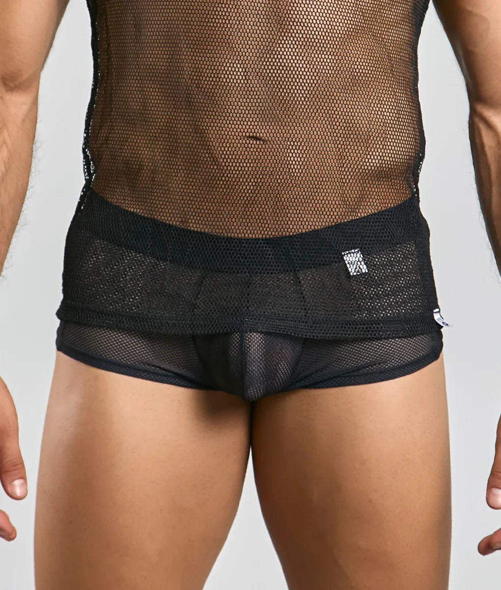 Black mesh briefs with solid black waistband and subtle branding tag featured with mob fishnet tanktop product close-up