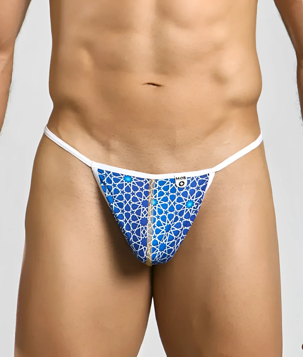 Blue patterned MOB hipster T thong print with white trim gold zipper and intricate geometric design