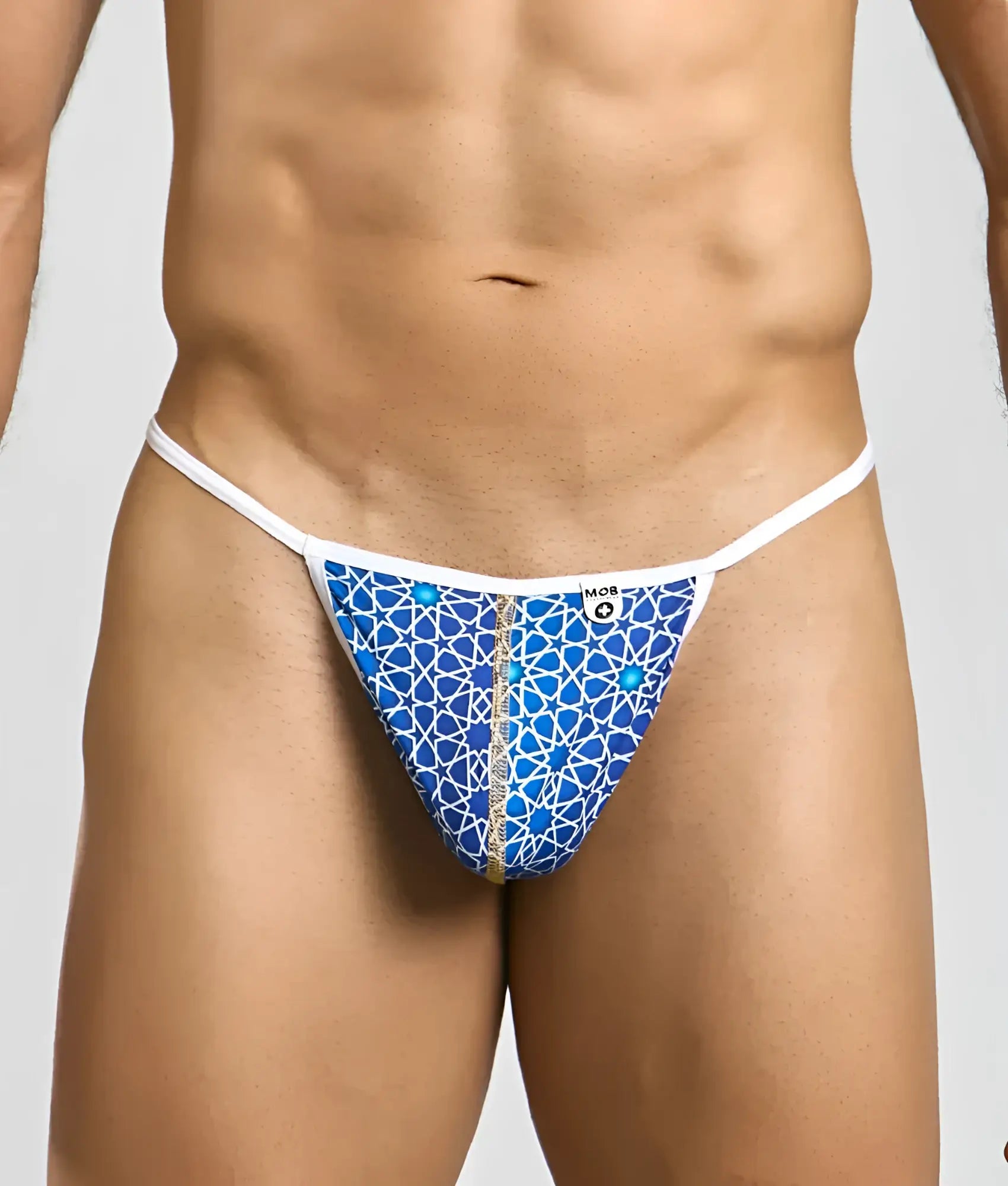 Blue patterned MOB hipster T thong print with white trim gold zipper and intricate geometric design
