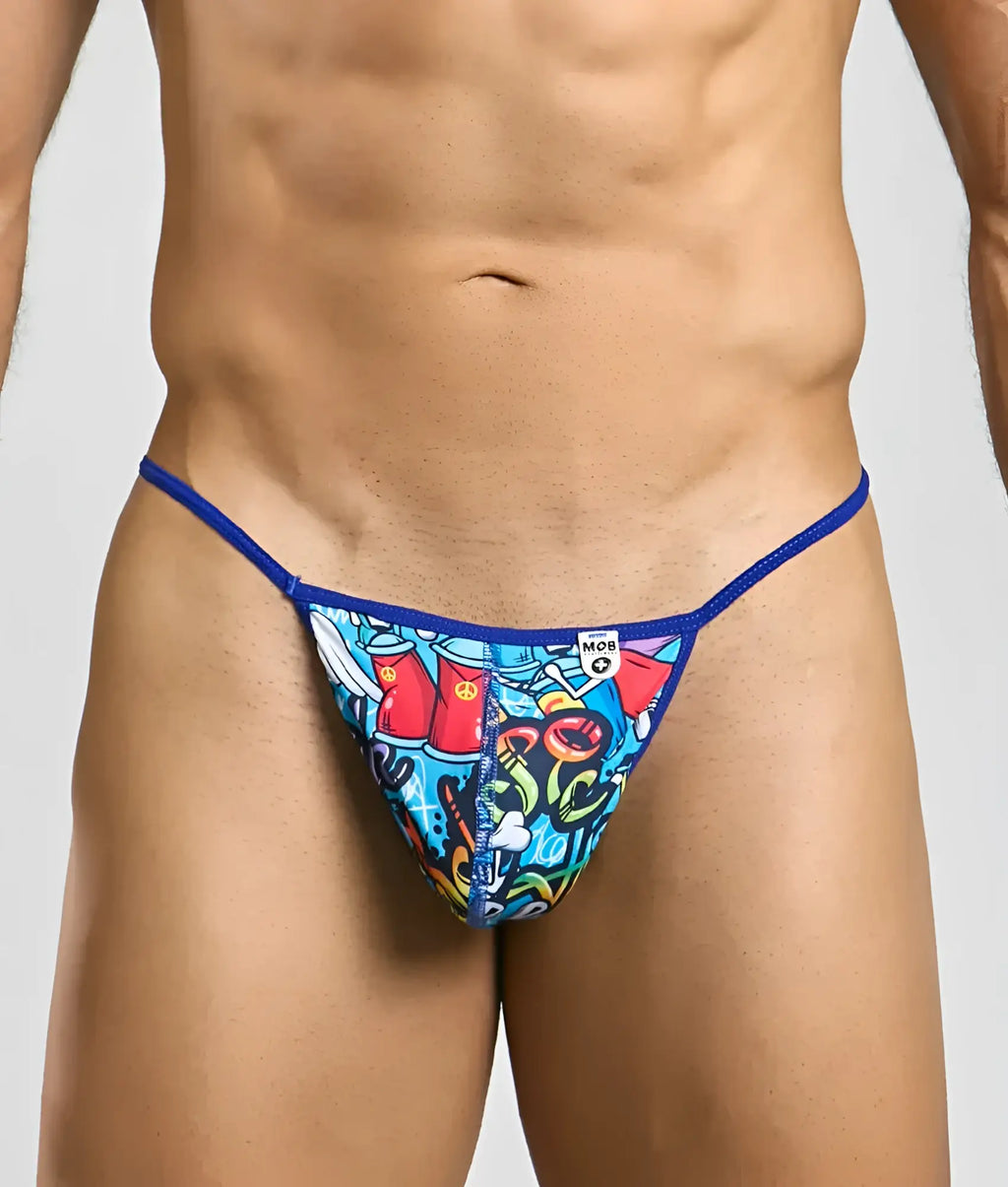 Mob hipster t thong print featuring vibrant blue and multicolored graffiti pattern with royal blue waistband and mob logo
