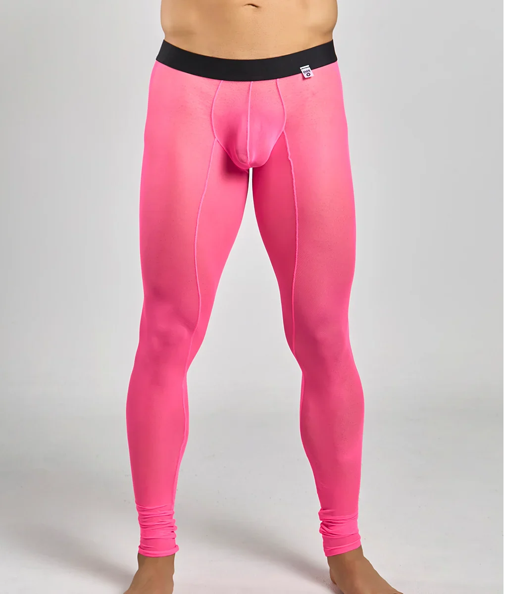Mob mesh tights bright pink form-fitting athletic leggings with black waistband and subtle seam detailing