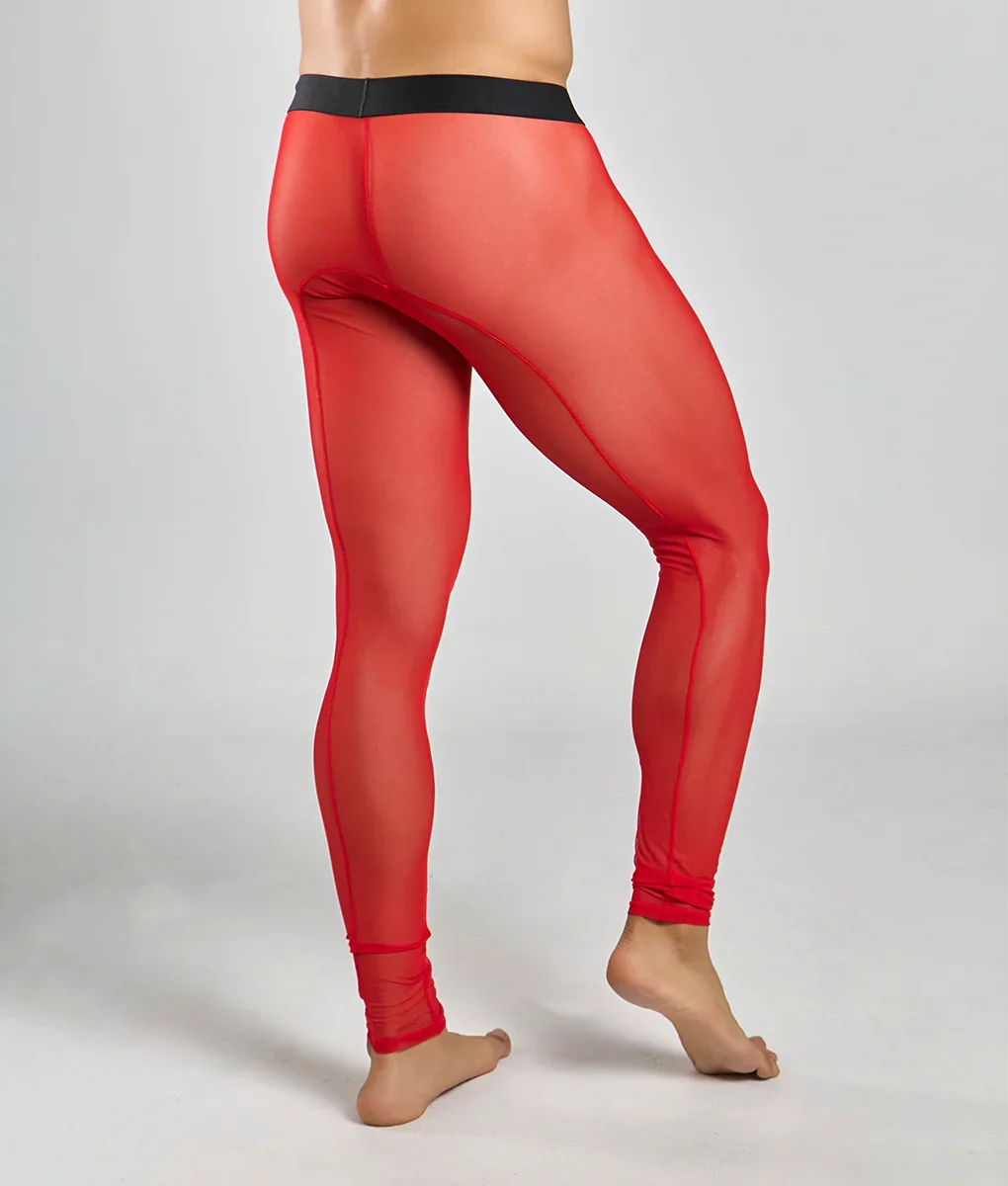 Red sheer mesh leggings with a black waistband from mob mesh tights featuring breathable mesh fabric