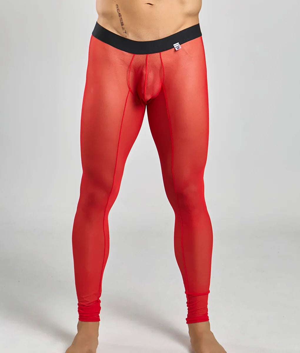 Mob mesh tights red sheer mesh men’s leggings with black waistband showing front side
