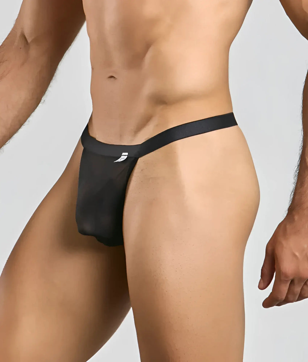 Black mesh mob y sexy thong with solid black waistband and small white logo on the side