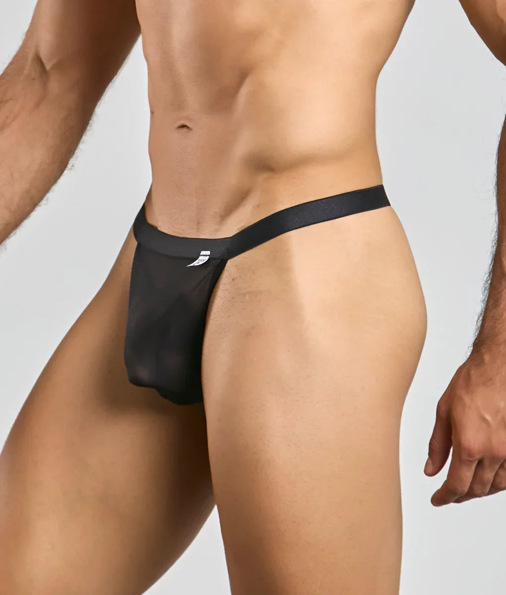 Black mesh mob y sexy thong with solid black waistband and small white logo on the side