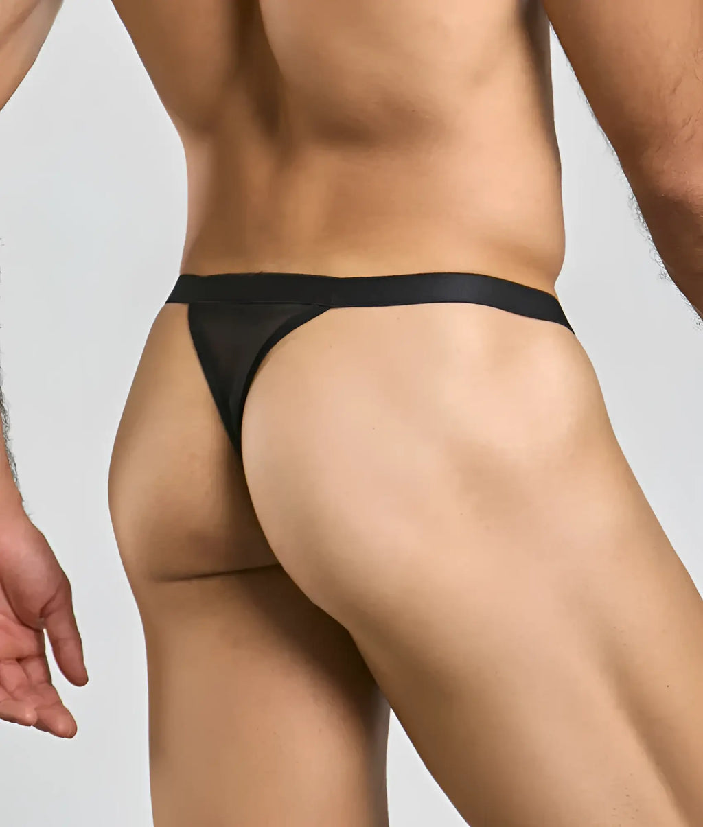 Black mesh MOB Y sexy thong with smooth wide waistband shown from the front for a comfortable fit