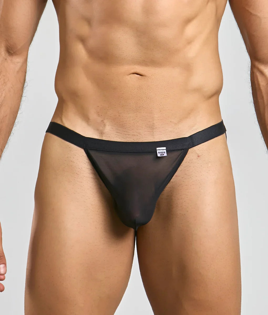 Black sheer mesh thong with solid black waistband from mob y sexy thong product shown from the back side