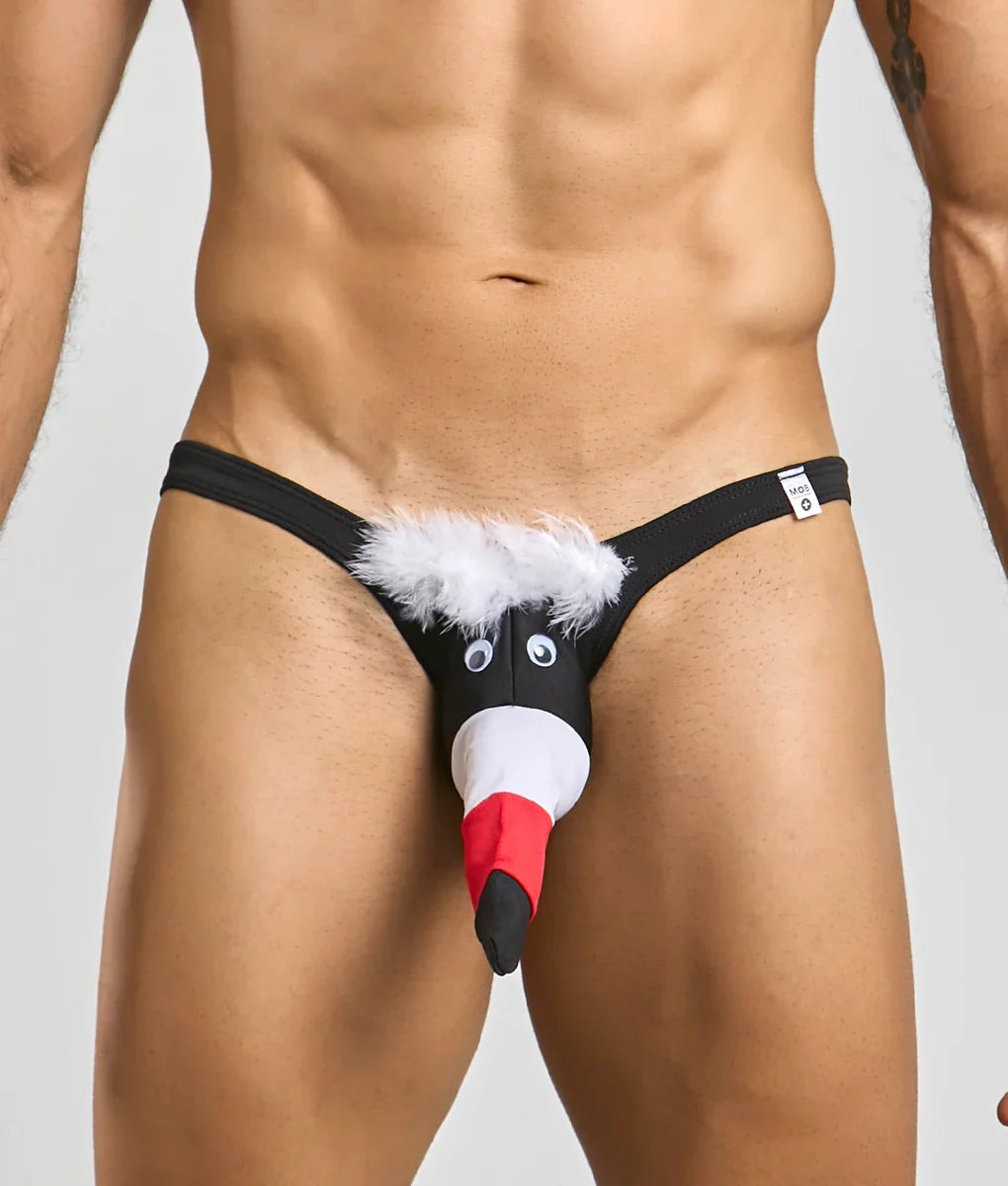 Black novelty thong featuring a cartoon penguin design with white fluffy trim and googly eyes for men