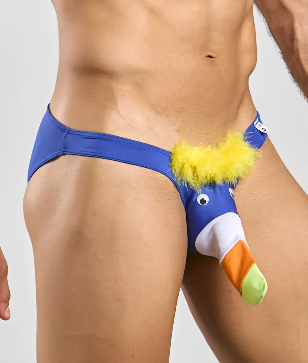 Blue toucan bikini for men featuring novelty cartoon duck design with yellow feather trim and googly eyes