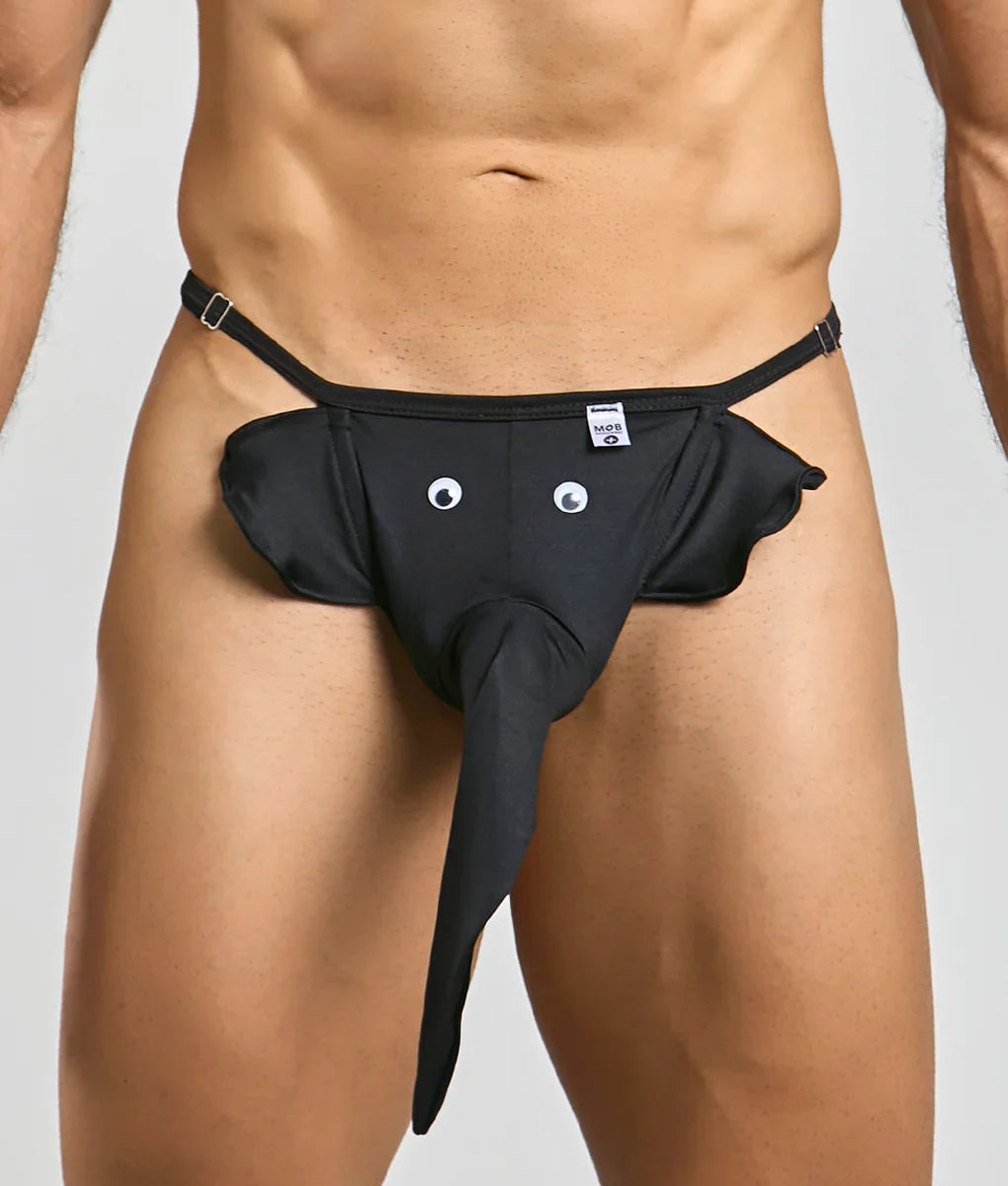Black elephant thong with googly eyes long trunk and adjustable straps made of soft fabric for playful wear