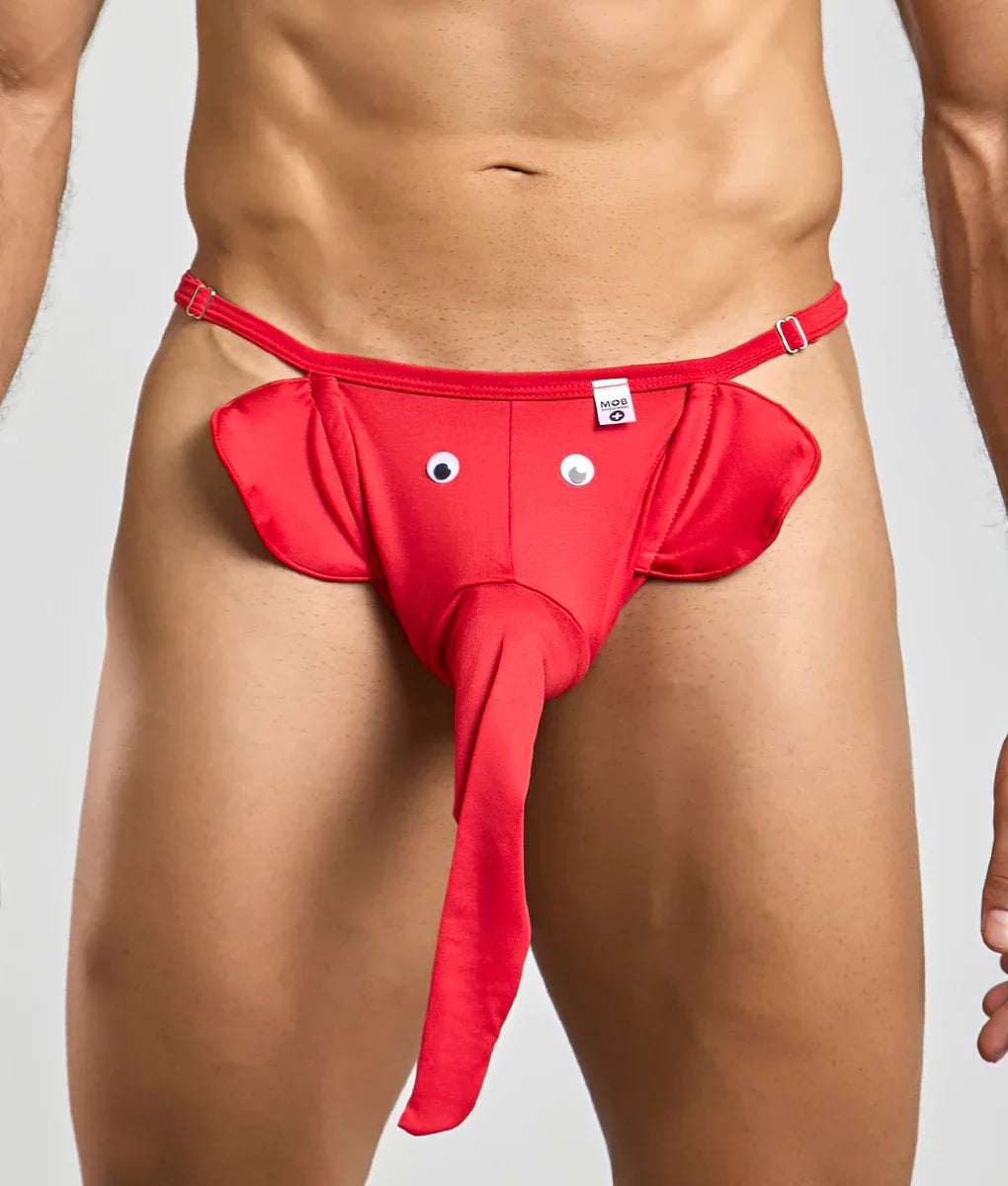 Red elephant thong with googly eyes and long trunk made of stretchy fabric for playful wear