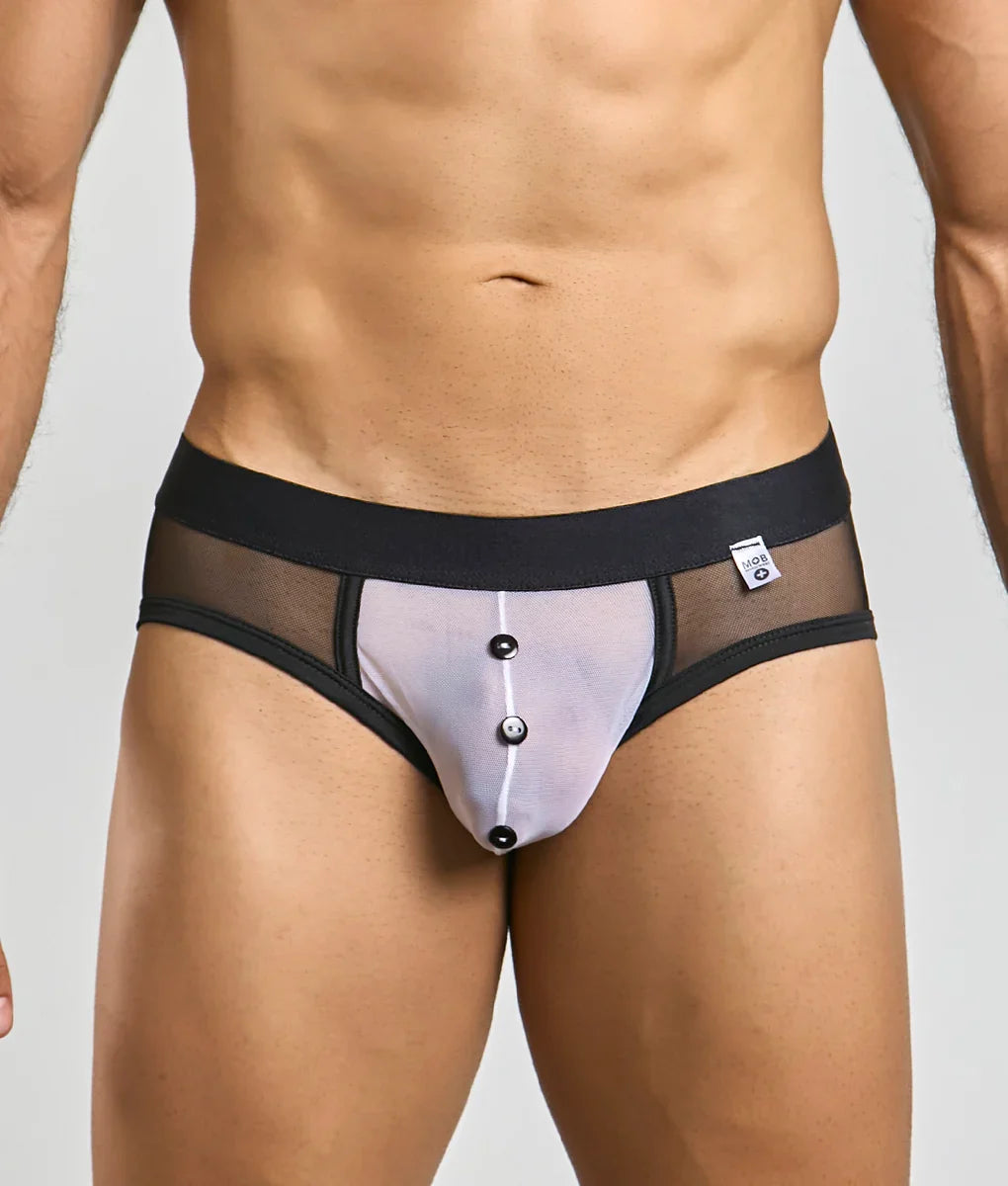 MOB MaitreD costume black and translucent mesh briefs with white front panel and three black buttons down center