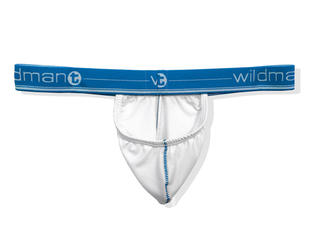 White mesh strapless pouch underwear with a blue elastic logo waistband and blue stitching detail.