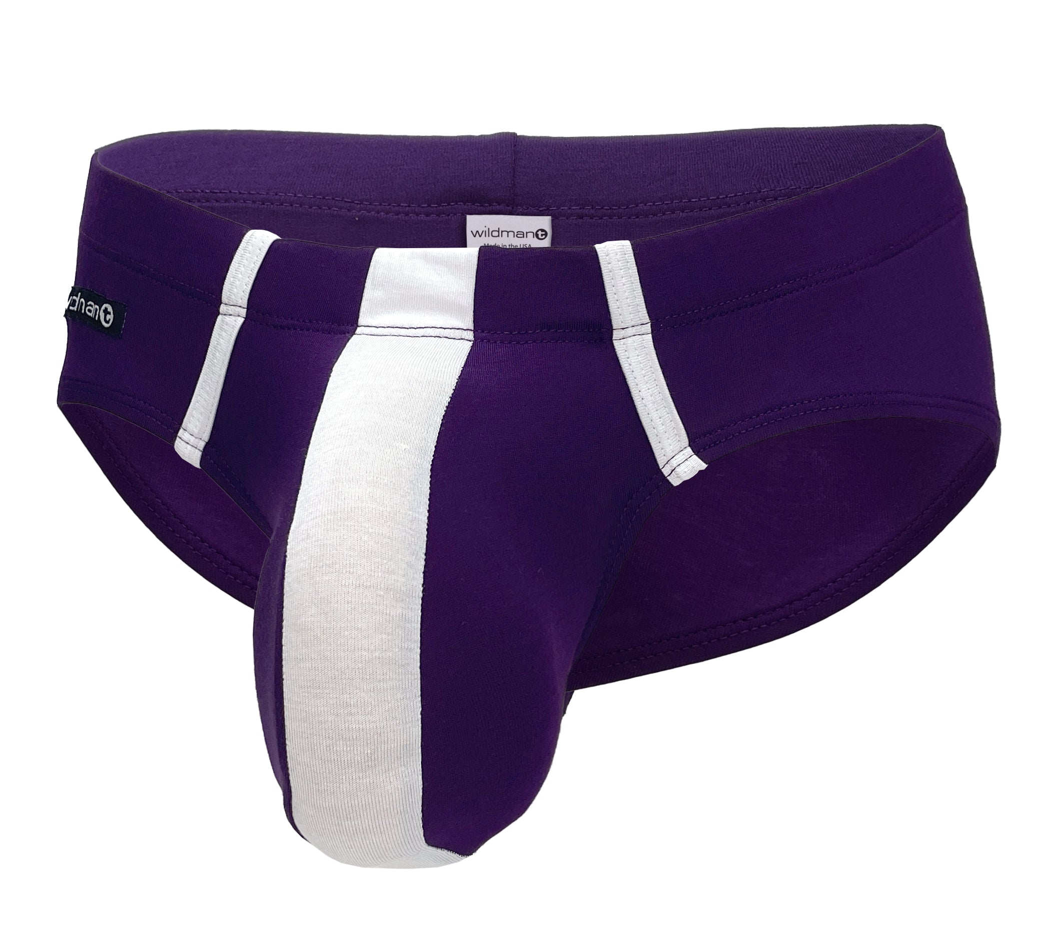 Purple modal briefs with a prominent white central pouch, white side piping, and a small black WildmanT logo tag.