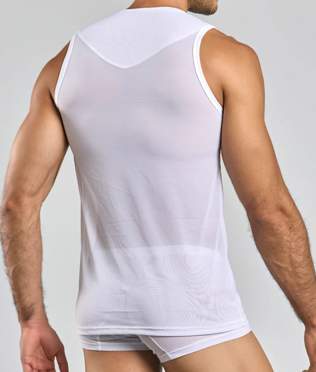 Mob lace tank top white sheer mesh with white trim and subtle embossed pattern