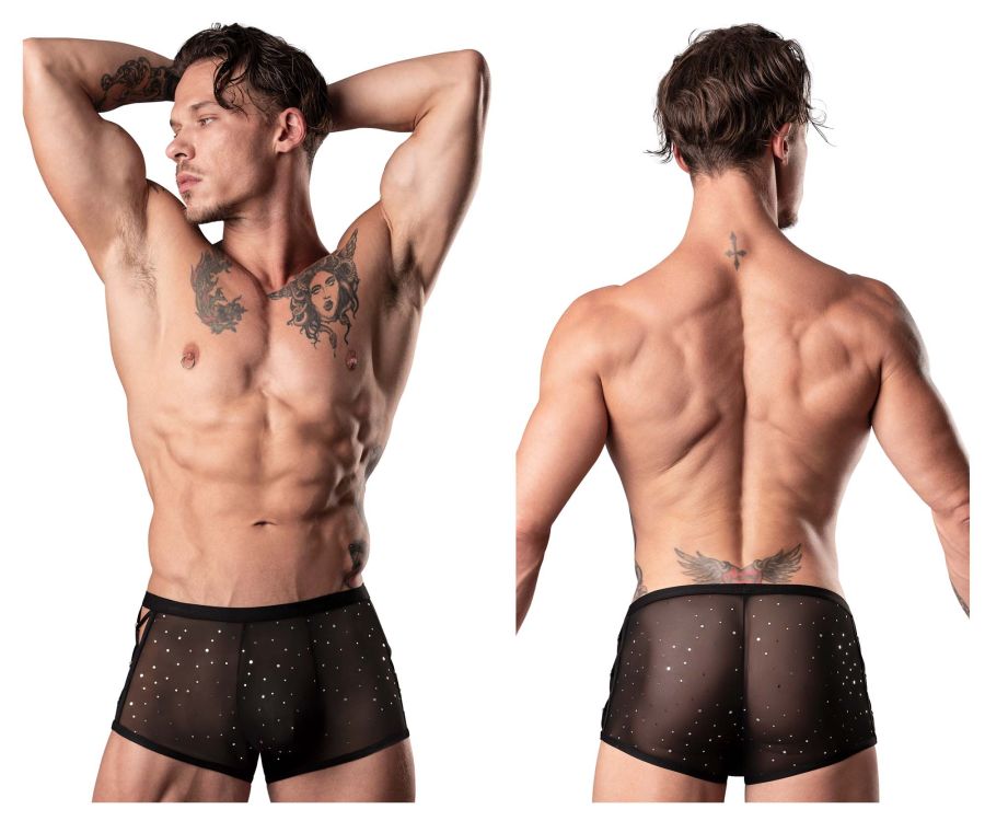 Male Power 147-288 Show Stopper Mini Short Color Silver Mesh Dot - DealByEthan.gay loves Male Power