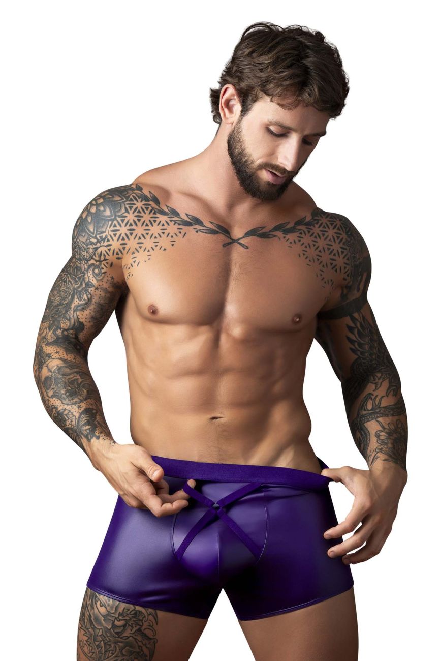 Male power purple patent leather briefs with front tie closure in plum crossover short style