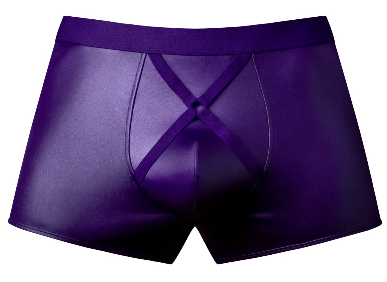Male Power 152-302 eggplant crossover short purple shiny faux leather boxer briefs with crisscross front design