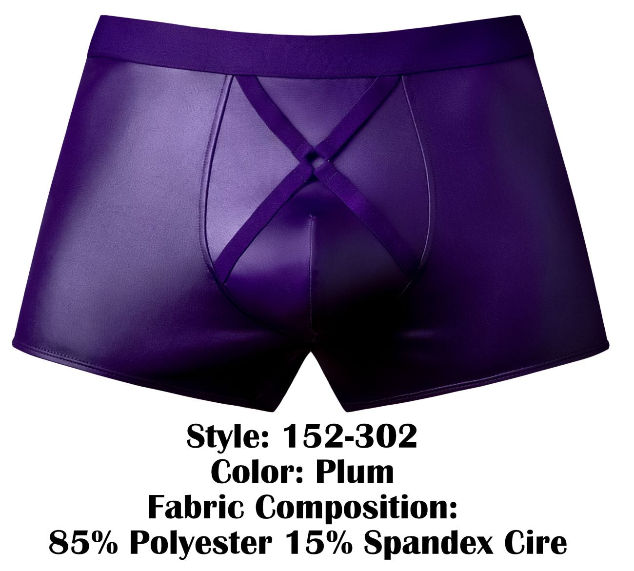 Male power 152-302 eggplant crossover short plum shiny faux leather boxer briefs with crisscross front design