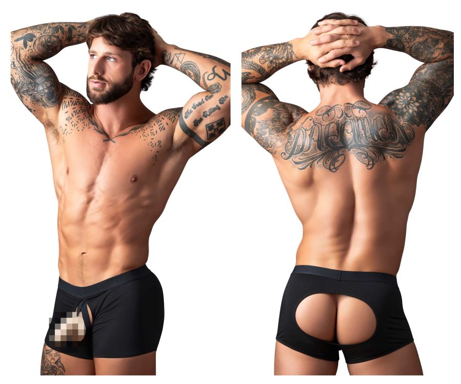 Back view of black male power 162-304 open ended moonshine short athletic briefs with cutout design and elastic cock ring