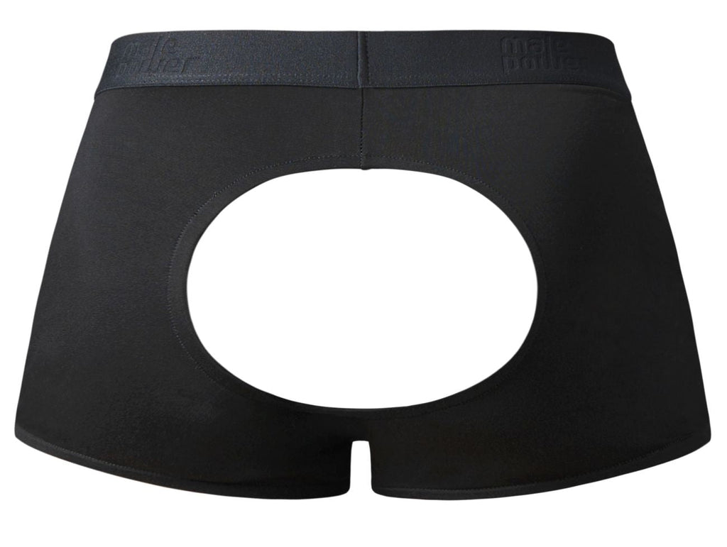 Black male power 162-304 briefs with central circular cutout elastic waistband open ended moonshine short design
