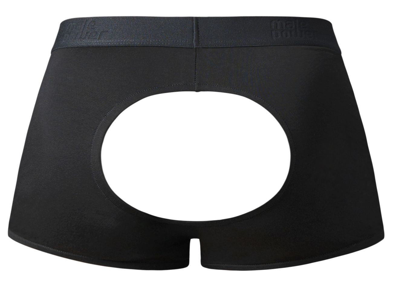 Black male power 162-304 briefs with central circular cutout elastic waistband open ended moonshine short design
