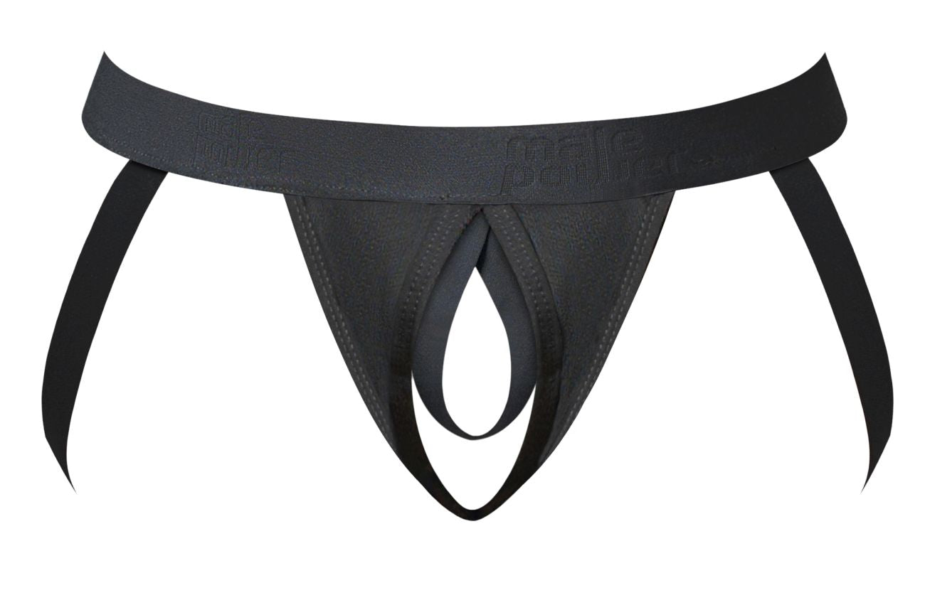 Black male power 348-304 open ended jock open front thong with wide elastic waistband and subtle embossed branding