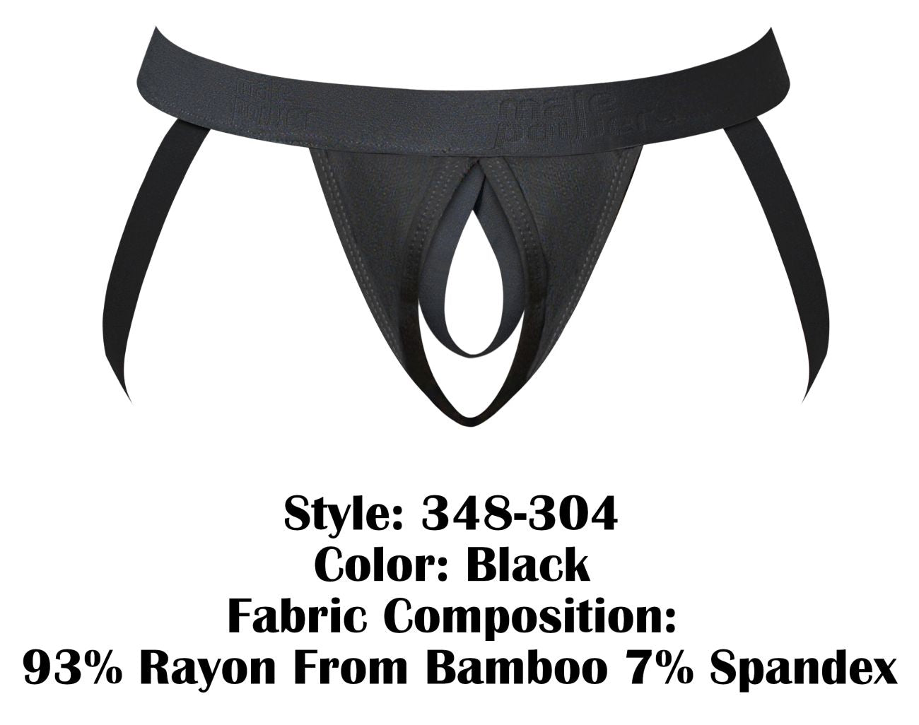 Male power 348-304 black thong with wide waistband and side ties made from 93% rayon bamboo and 7% spandex