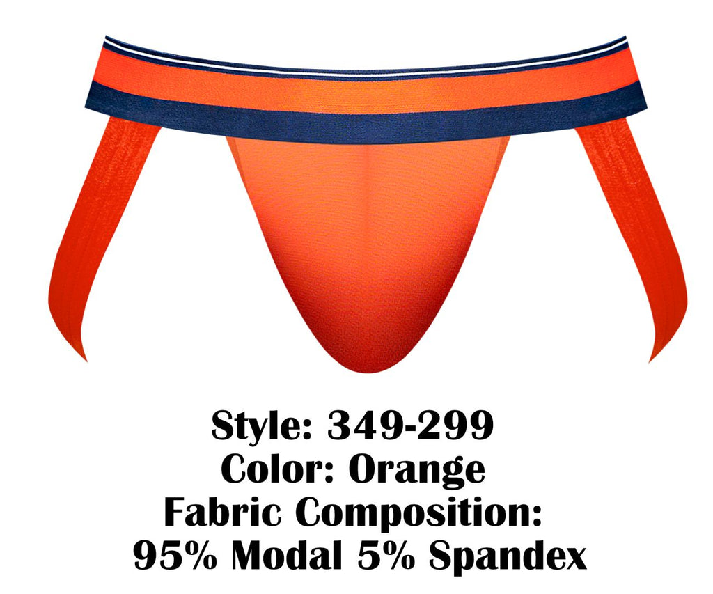 Orange male power 349-299 soo cumfy athletic briefs with navy white striped waistband made of 95 modal 5 spandex