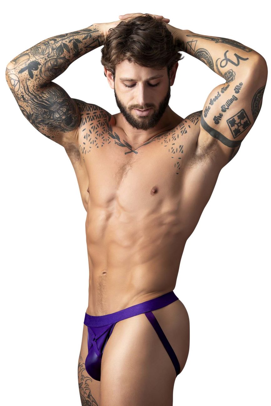 Purple satin thong with supportive high-waisted design from male power in eggplant crossover jock style plum color