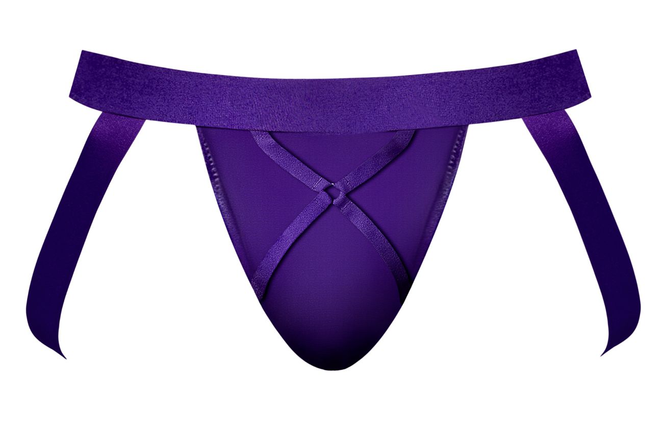 Male power 350-302 eggplant crossover jock purple satin thong with wide waistband and crossed ribbon ties