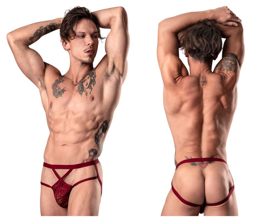 Male Power 394-289 Lucifer Strappy Jock Color Burgundy - DealByEthan.gay loves Male Power