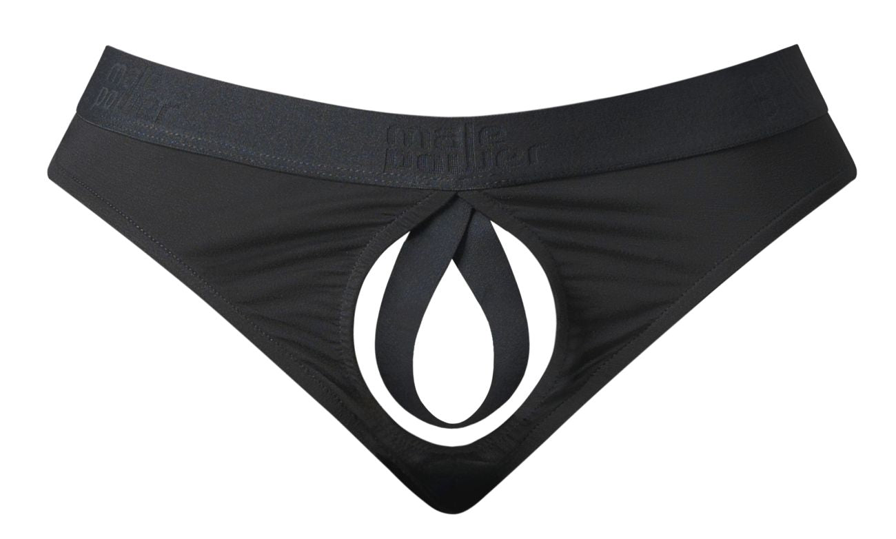 Male power 417-304 black men’s briefs with bold white teardrop logo and open front elastic cock ring design
