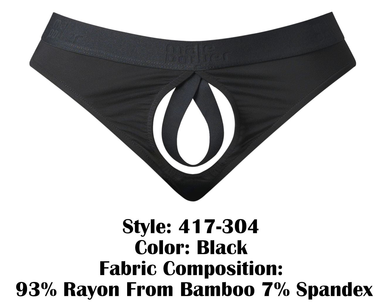 Male power 417-304 black men’s briefs with white teardrop cutout made of 93 bamboo rayon 7 spandex front detail